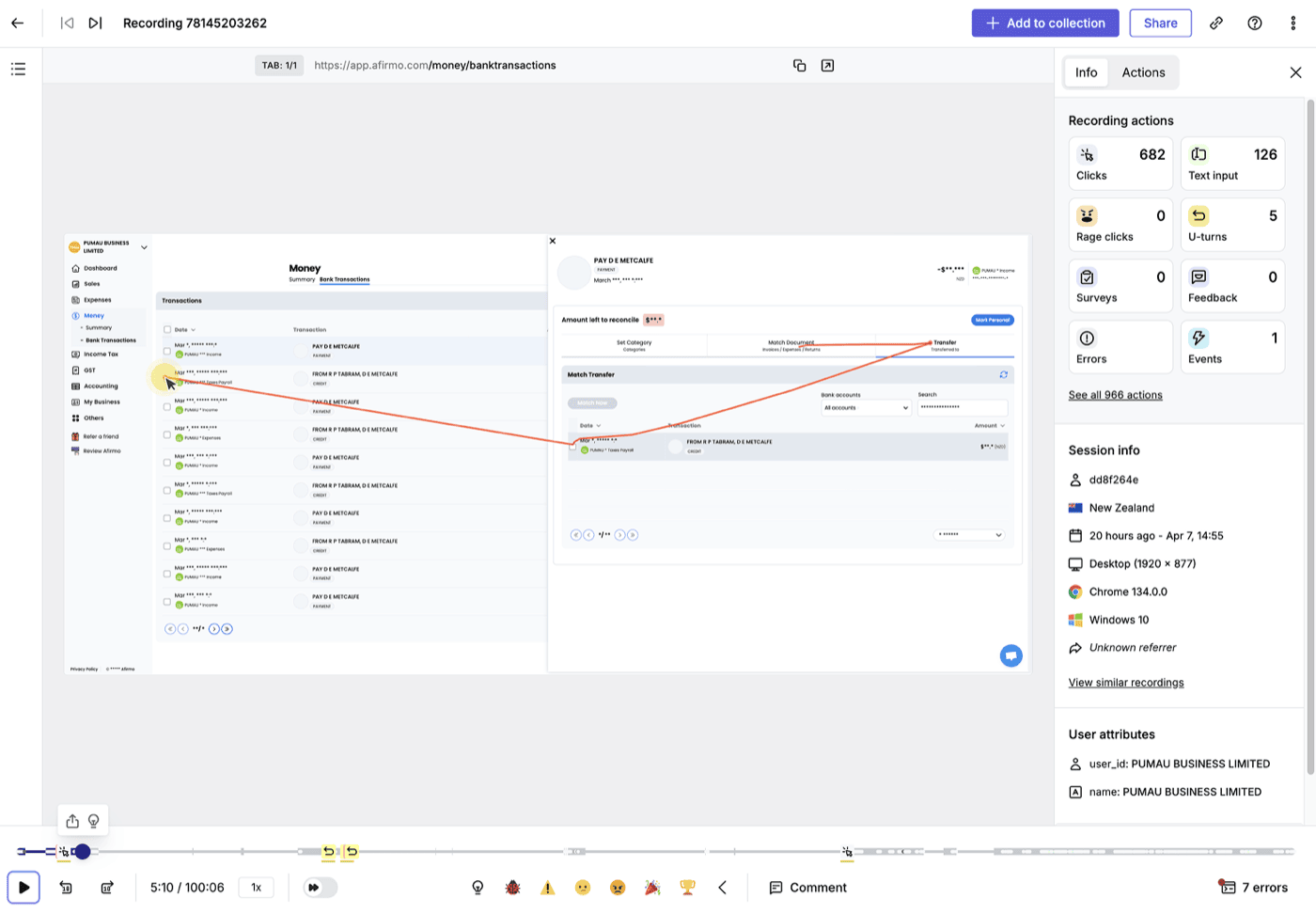 Session recording of a customer reconciling bank transactions after release